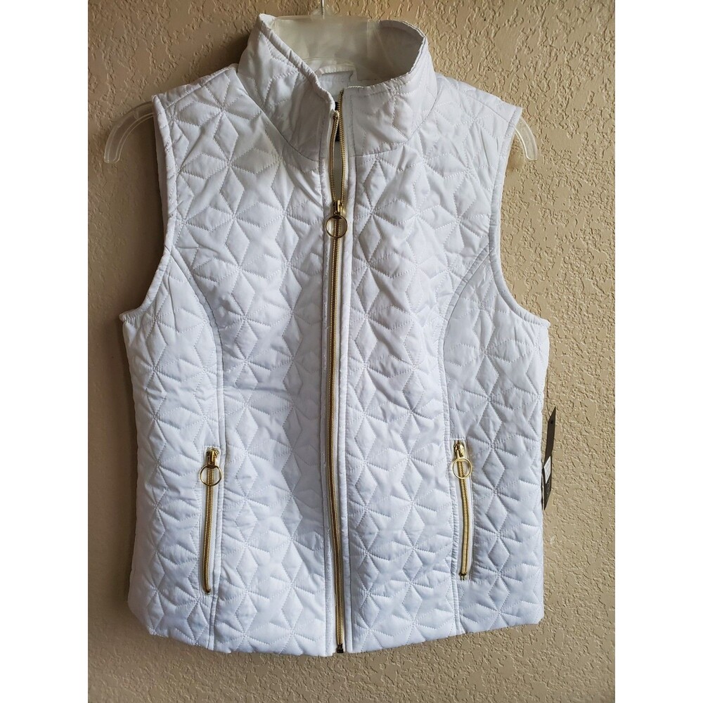 Black Rivet Quilted Vest Full Zip Front Pockets Womens Winter White M